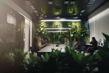 Wall Mural - Long exposure shot of meeting room with people in modern green office. Generative AI