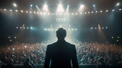 Back view of motivational speaker standing on stage in front of audience for motivation speech on conference or business event. Generative AI