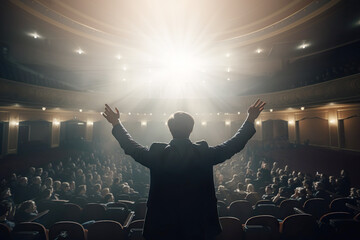 Back view of motivational speaker raising hands while standing on stage for motivation speech on conference or business event. Generative AI