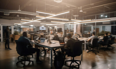 Wall Mural - Long exposure shot of modern open space office with business people. Generative AI