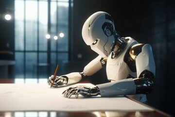 ChatGPT writing article or essay, futuristic robot assistant with pen replacing human, chat bot helping with homework. Generative AI