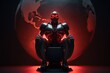 AI takeover concept. Evil robot rules the world, sitting on red throne, nightmare scenario when dangerous artificial intelligence controls planet Earth. Generative AI