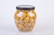 Jar of almond stuffed green olives on a white background. Jar of garlic stuffed olives isolated on white.