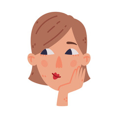 Sticker - Woman Head with Smiling Face Emotion Looking Somewhere Leaning on Hand Vector Illustration