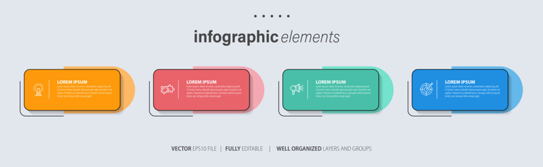 Four text box infographic elements. Business template for presentation. Vector concept with 4 options or steps.
