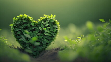 Growing plant in heart shape, fresh green nature, Saving environment, save clean planet, ecology concept, (Generative AI)