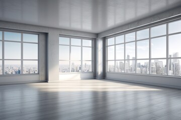 Wall Mural - Illustration of an empty room with large windows offering a panoramic view of the cityscape. Generative AI