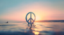 Peace Symbol Or Sigh Above Clear Water At Sunset Or Sunrise, Generative Ai