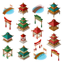 Asian Architecture With Pagoda, Gates And Bridges Isometric Big Vector Set