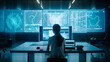© Farnaces - Back view of a businesswoman in a control room of a financial office. Generative AI