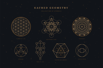 set / collection of sacred geometry symbols or icons, flower of life, metatron's cube, merkaba, tree