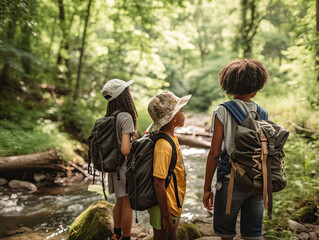 Back view of children with backpacks standing on a trail in the forest, Generative AI