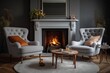 © AkuAku - cozy living room with a fireplace and two armchairs. Generative AI