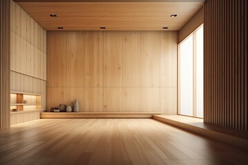 Poster - Illustration of an Empty Wooden Room with a Simple Bench. Generative AI