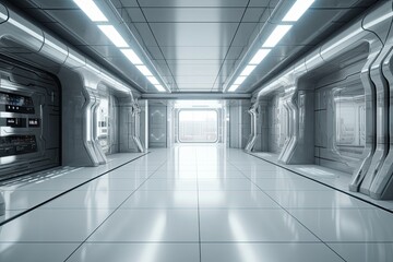 Poster - futuristic hallway with a bright light at the end. generative ai