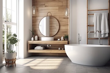 Wall Mural - spacious bathroom with a modern white bathtub and a view of nature outside the window. Generative AI