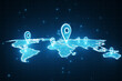 glowing map with location pins on blurry blue background. GPS and navigation concept. 3D Rendering.
