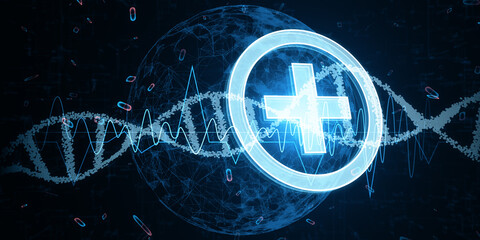 glowing DNA helix, globe and healthcare cross hologram on dark background. Medicine and bioengineering concept. 3D Rendering.