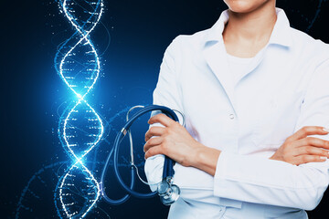 Poster - Close up of female doctor with folded arms and glowing DNA helix hologram on dark background. Medicine and bioengineering concept.