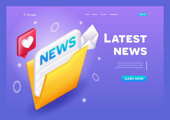 Poster - 3d isometric, cartoon.icon of the news newspaper in the folder received by mail. trending landing pa