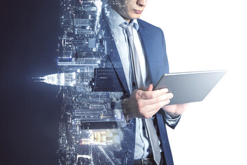 Poster - Headless young businessman using tablet on abstract sideways city background. Success, work, job and career concept. Double exposure.