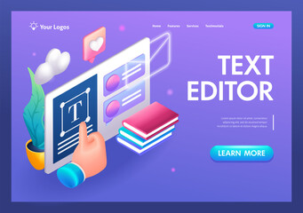 Poster - 3D Isometric, cartoon. Text editing program. A mobile application on a tablet. Trending Landing Page