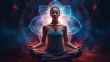 Fototapeta Kosmos - Woman in meditation. Color mandala background. Ai