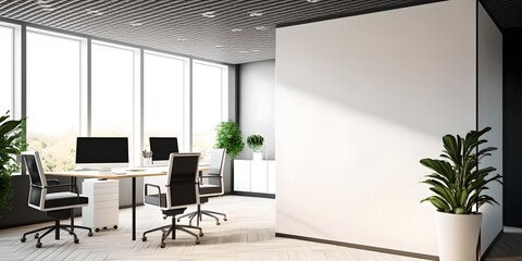 Modern empty office with blank white wall mockup, copy space, generative ai illustration