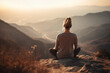 © dragomirescu - Woman in yoga zen pose meditating on a mountain at sunrise or sunset. Balance and stability, meditation relaxation and peace. Natural therapy contemplation therapy. Ai generated