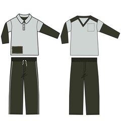 Men's and boy's pajama set with pants and t-shirt or shirt with fashionable cuts, technical fashion silhouette