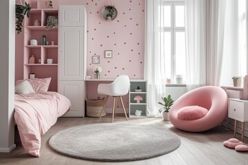 Canvas Print - cozy bedroom with soft pink walls and elegant white furniture. Generative AI