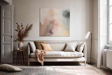 Canvas Print - modern living room with a minimalist white couch and an abstract painting hanging on the wall. Generative AI