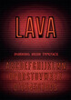 © voinsveta - Smoldering night light extra glow font with numbers. Lava sign with red narrow neon alphabet on dark brick wall background. Vector illustration