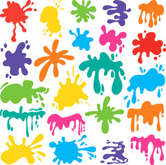 Wall Mural - Paint splashes color blobs. Stain cartoon style, abstract isolated ink drops. Flat dripping liquid elements, art style stains neoteric vector elements