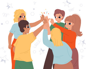 Wall Mural - Friends doing high five. Friendship greeting, fun informal greeting. Young generation team, students or teenagers together. Colleagues snugly vector group