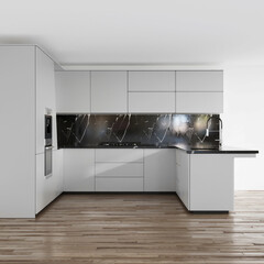 3d rendering modern minimalist clean kitchen with wooden cabinet decoration