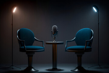 Wall Mural - two chairs and microphones in podcast or interview room isolated, generative ai