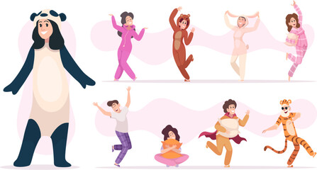 Poster - Pajamas people. Happy characters playing in sleeping funny clothes exact vector pictures set