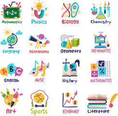 Science symbols. Logotype for lessons mathematics, chemistry, geography recent vector templates