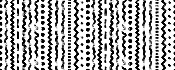 Poster - Hand drawn whimsical seamless pattern with different vertical lines. Textured organic vertical brush strokes, zigzags, curved lines and dots. Grunge vector stripes. Tribal motif ornament. 