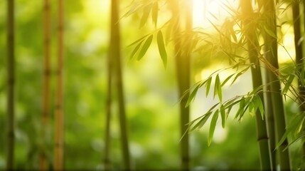  Fresh Bamboo Trees In Forest With Blurred Background. Generative AI