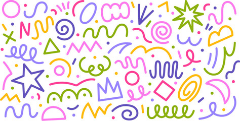 Poster - Abstract color line doodle shapes. Lines drawing, cute infographics elements. Party, kids decorative painting. Scribble trendy racy vector clipart