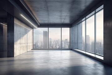 Poster - Illustration of an empty room with panoramic city view from large windows. Generative AI