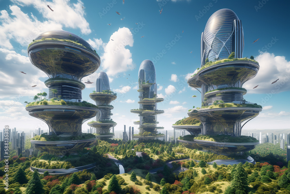 ภาพประกอบ Stock Futuristic smart city with towering buildings, smart ...