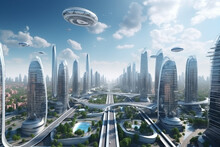 Futuristic Smart City With Towering Buildings, Smart Transportation And Drones, Autonomous Driving, High Green Coverage, Multifunctional Public Spaces, Intelligent Facilities.
