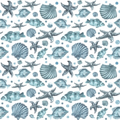 Naklejka na meble Marine Life watercolor seamless pattern. Watercolor fish, seashells, starfish. On a white background. Ocean, sea. Scandinavian style. Blue color. For printing on fabrics, textiles, packaging, covers.