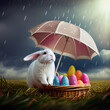 Easter bunny protecting easter eggs with a pink umbrella. Illustration generated by AI