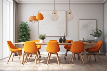 Canvas Print - modern dining room with a sleek table and brightly colored chairs. Generative AI