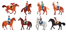 Horse Riders. Cavaliers Horseback, Man Rider Or Female Equestrian Sitting On Thoroughbred Horses And Racehorses, Horseman Bridle Pony Horseriding Pose Ingenious Vector Illustration