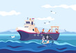 Fisherman work boat. Industry professional fishing, cartoon sailors with fisher net sea ship, commercial fishery marine vessel, fishermen job lake ocean, recent vector illustration